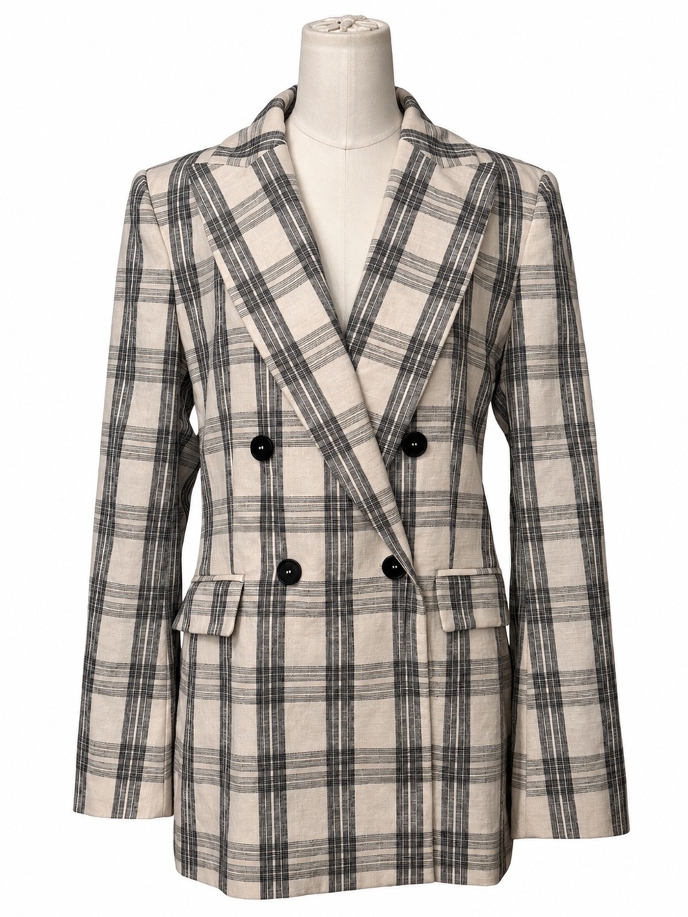 Zara Plaid Double Breasted Blazer Beige Black Size M Tailored Jacket